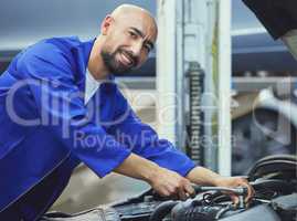 Ill take good care of your vehicle. Cropped portrait of a handsome young male mechanic working on the engine of a car during a service.