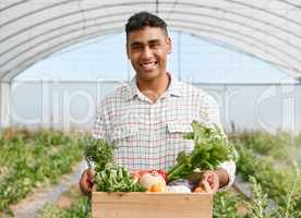 You wont taste fresher than this. Portrait of a young man holding a crate of fresh produce while working on a farm.