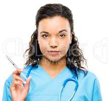 This wont hurt one bit. Shot of a young female doctor ready to inject a patient against a studio background.