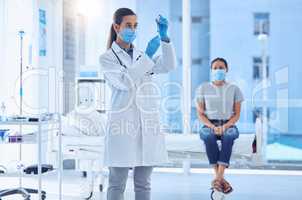 Patient waiting for covid vaccine. Doctor preparing covid cure injection. Physician holding a syringe filled with a vaccine. Expert filling a needle with a covid remedy. Patient in a medical checkup