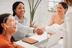 Confident young african american businesswoman shaking hands with colleague during a meeting in an office. Motivated woman looking happy after receiving a successful promotion, deal and merger. Coworkers greeting while collaborating in a creative startup 