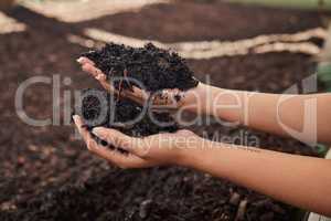 Good soil is the most important part of crop farming. Closeup shot of an unrecognisable woman holding soil in her hands.
