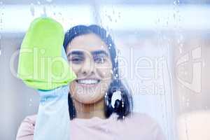 I can see clearly now. a young woman cleaning windows at home.