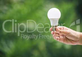 Closeup of a hand holding a light bulb in nature. New ideas for sustainable energy option. Green energy is the future