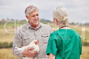 Do you have any nutritional recommendations for my livestock as well. Shot of a man having a discussion with a veterinarian on a poultry farm.