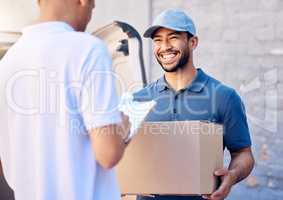 Customer service comes first. Shot of a young man receiving his delivery from the courier.