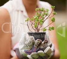 Youll be amazed at what you can accomplish with care. Closeup shot of an unrecognizable woman holding a plant in glove covered hands outside.