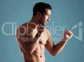 Handsome young hispanic man standing shirtless in a boxer pose in studio isolated against a blue background. Mixed race topless male athlete, ready for boxing or a fist fight. A confident sportsman