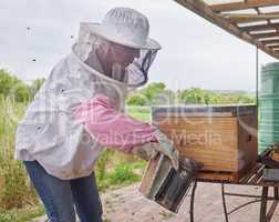 I own a farm which means Im quite a busy bee. a beekeeper using a bee smoker while working on a farm.