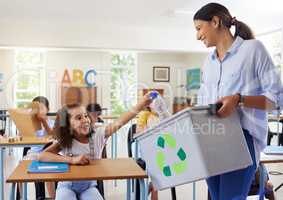 We have the sweetest teacher. a leaner and teaching recycling in a classroom.