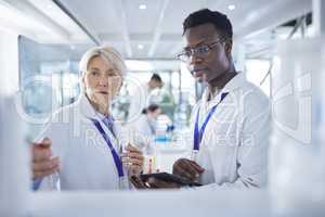 Young african american scientist checking samples with a mature female colleague. Two medical professionals working on experiments in the lab. Focused, diverse coworkers looking at products in lab