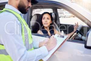 That doesnt sound fair at all. a young businesswoman looking upset at receiving a ticket from a traffic officer.