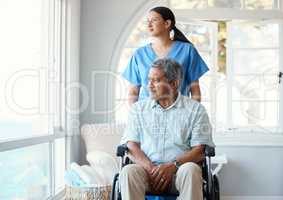 Just say they word. a handsome senior man and his female nurse in the old age home.