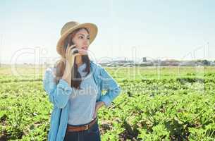 Im ready to start shipping. a young female farmer using her phone to make a call.