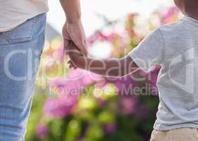 Closeup father and son holding hands while walking outside in the garden. A great role model and mentor for his boy child. A son will always look up to and follow in their dads footsteps