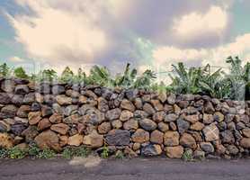 Copyspace with palm trees behind an old stone wall in La Palma, Canary Islands, Spain against a cloudy sky background. Rough exterior architecture with plants growing in a remote tropical destination