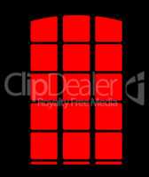 Oldwindow. Graphic of a red and black window design for copy space and advertising. Illustration of a creepy window outline showing a mysterious shadow on a wall for marketing or architecture.