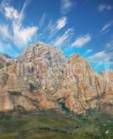 Landscape of beautiful twelve apostles mountain range. A scenic outdoor travel destination, landmark and hiking trail. A popular Cape Town, vacation travel location for explorers seeking adventure