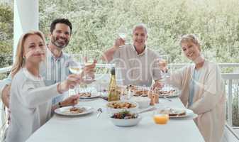 A family meal should be served with laughter and love. a family toasting with wine glasses at home.