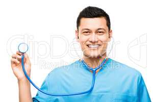 At your beck and call. Shot of a young male nurse using his stethoscope against a studio background.