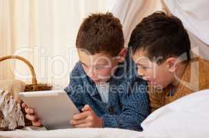 Igniting their curious minds. two brothers using a digital tablet together under a blanket fort at home.