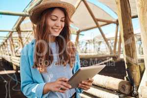 Its more convenient to work like this. a young woman using a digital tablet while working on a farm.