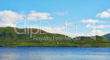 Green hills by the seaside with a blue sky in Norway. Wild vibrant landscape in Nordland. A calm sea near an uninhabited island wilderness against a bright cloudy horizon. Peaceful nature scene