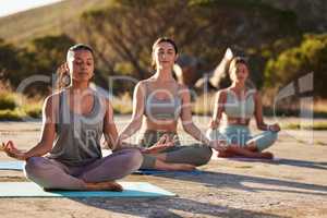 Full length yoga women meditating with legs crossed for outdoor practice in remote nature. Diverse group of mindful active friends bonding and balancing mental health. Young focused serene zen people