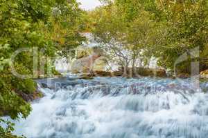 Closeup of a waterfall in the forest with green trees. Beautiful nature landscape of a natural rushing stream in a valley. Natural, fresh river flows between lush tree leaves in an eco environment