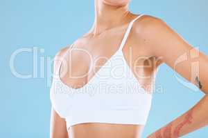 T-shirt or blouse. an unrecognizable woman posing in her underwear against a blue background.