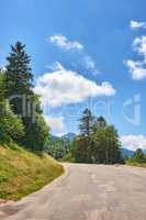 Curvy open road or street through green tall trees with a cloudy blue sky. Landscape view of a path in a scenic and peaceful location surrounded by nature or lush foliage on a summer day