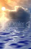 Sunrise on the horizon, fluffy clouds over calm rippled ocean water. View of peaceful harmony and fresh air, texture details of patterns on a water surface. Beautiful sunset over soft blue waves