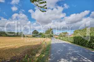 Vibrant rural landscape of a road through the countryside on a sunny day. Dry corn or wheat field after harvest in a small Danish village against a cloudy blue sky. Quiet farming town in summer