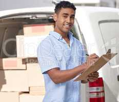 All parcels are safe and sound. Portrait of a young delivery man writing on a clipboard while loading boxes from a van.