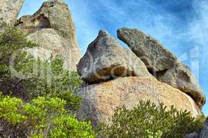 Low angle of rocks and boulders with a blue sky and lush green trees growing along hiking and trekking trails of Table Mountain National Park in Cape Town, South Africa. Immersing in mother nature