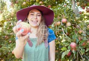 Beautiful young woman holding an apple on a farm. Happy lady picking apples in an orchard. Fresh fruit produce growing in a field on farmland. The agricultural industry produces in harvest season