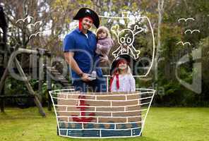 Families are like fudge mostly sweet with a few nuts. a father and daughters dressed up like pirates outside in the yard.