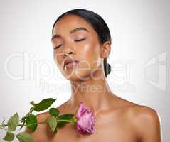 A flower in bloom. Studio shot of an attractive young woman posing with a pink rose against a grey background.