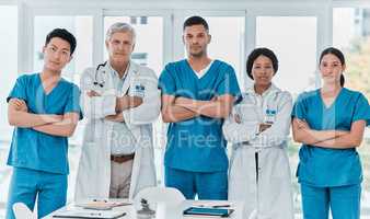 Nothing will deter us from our mission of quality healthcare. Portrait of a group of medical practitioners standing together with their arms crossed in a medical office.