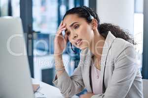 Mixed race Female Corporate Office Worker Feels Stress, Sick, Frustration, Sick Works on Computer. Call center agent Feeling Project Pressure, Has Headache Massages Her Head, Works with Statistics, Has Bad Day
