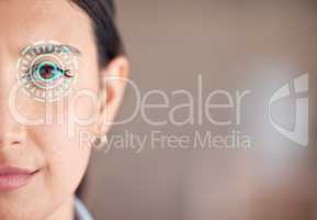 Artistic design of a retina scan with cgi, visual and special effects on hispanic woman for security. Closeup portrait of mixed race woman looking with an eye scanner. Front headshot of half a face