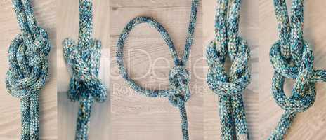 Above shot of hiking rope tied in different types of knots against a wooden background in studio. Figure 8 knot, slip and knot, glove hitch, bowline, square knot and double sheet bend. A knot for every situation