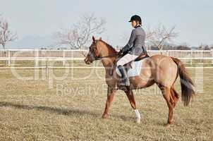 Its a great hobby. Full length shot of a young female jockey riding her horse outside on the ranch.