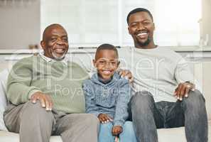 Raised with power, raised with pride. a grandparent bonding with his son and grandson on a sofa at home.