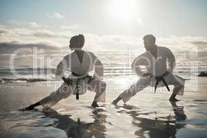 Letting their movements flow. Full length shot of two young martial artists practicing karate on the beach.