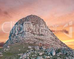 Copy space with scenic landscape view of Lions Head mountain in Cape Town, South Africa against a sunset sky background. Beautiful panoramic of an iconic rocky landmark and famous travel destination
