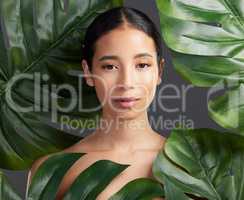 Studio portrait of a beautiful mixed race woman posing with a leaf. Young hispanic nudist using nature to cover her body against a grey copyspace background