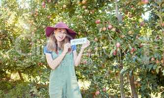 Female farmer recruiting workers to help with her startup. Happy young woman holding a hiring sign on a farm close to apple orchards. Farm labor shortage, agriculture job market and employment