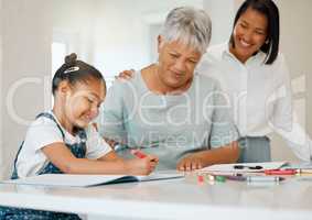 Could you draw grandma. a young girl getting help from her mother and grandma while doing her homework at home.