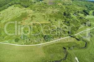 Aerial view of green countryside road on a sunny day. Breathtaking nature landscape of an empty roadway winding through forest trees, bushes and lush vegetation. Sustainable eco friendly grass land